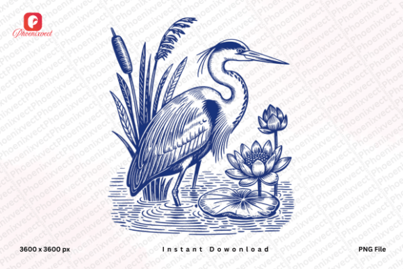 Download Hand Drawn Vintage Floral Heron Bird PNG - Bird png Collection